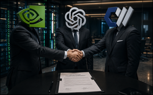 Nvidia, OpenAI and CoreWeave represented as three suited figures joining in a three-way handshake.