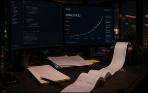 AI coding software running beside a rising usage chart and a long corporate invoice spilling across a desk.