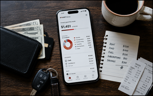 Rocket Money's budgeting dashboard displayed on a smartphone beside a wallet, receipts and handwritten budget notes.