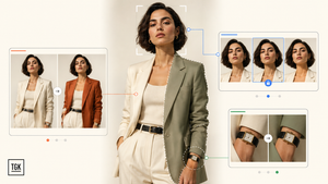 Woman surrounded by AI image-editing variations showing changes to her jacket, face and accessories.