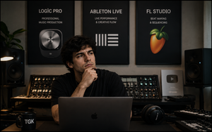  Music producer comparing Logic Pro, Ableton Live and FL Studio across three studio screens.