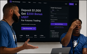 wo presenters stand beside a fake cryptocurrency exchange promoting a deposit bonus while one reacts with visible frustration during the demonstration.