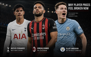Gonçalo Ramos, Mateus Fernandes and Elliot Anderson in their new club kits against a floodlit stadium backdrop, illustrating the rising scale of football transfer fees.