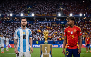 Lionel Messi and Lamine Yamal stand beside the World Cup trophy before the 2026 final.