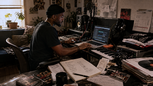 Independent musician producing music in a home studio surrounded by merchandise, royalty notes and recording equipment.