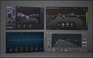 A clean editorial composition displaying four popular equalizer plugin interfaces arranged on a matte gray background, comparing different EQ workflows and designs.