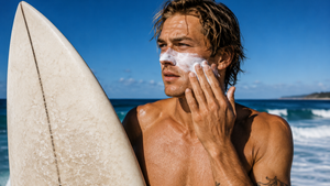 Australian surfer applying white zinc sunscreen to his face beside the ocean.