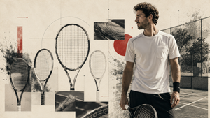 ennis player comparing several modern rackets beside an outdoor court.