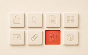 Eight minimal tiles representing online business ideas, with one brick-red tile selected.