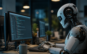 Photorealistic nighttime workstation with a humanoid robot using a computer to review source code, illustrating an AI agent operating autonomously in a controlled research environment.