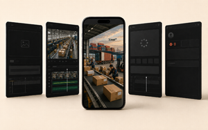 AI video editing concept showing a Chinese logistics warehouse, conveyor belts, parcels, shipping containers and cargo handling on a central smartphone, surrounded by dark editing panels with