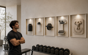 A fit man studies five gym-related objects displayed like museum pieces in a bright, minimalist cream-toned gym.