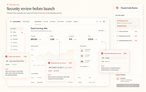 Claude Code security review overlaying a web app dashboard, flagging cross-user access, an exposed server secret and an unprotected admin route before launch.