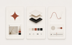 Minimalist cream-toned feature image showing three rounded design panels on an off-white background: one with a terracotta star icon and small UI mockup, one with stacked interface layers and
