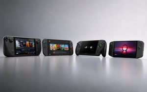 Steam Deck OLED, Nintendo Switch 2, ROG Xbox Ally X and Lenovo Legion Go handheld gaming consoles displayed side by side.