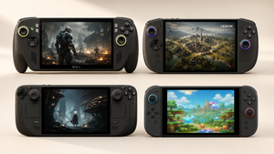 ROG Xbox Ally X20, Lenovo Legion Go Gen 2, Steam Deck OLED and Nintendo Switch 2 shown front-on in a two-row comparison.
