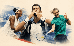 US Open opening-week collage featuring three tennis players in action, with a warm cream editorial background, blue court textures and a subtle red accent.