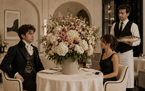 Young couple on an awkward restaurant date in a cream-toned fine-dining setting, with an absurdly oversized flower bouquet blocking the table, a nervous man in overdressed 19th-century-style 