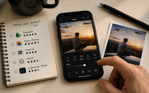 Overhead view of a smartphone editing a lifestyle photo with a grain adjustment slider beside a printed unedited version of the same image on a warm cream desk.