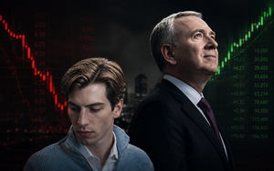Editorial illustration of Leopold Aschenbrenner and Ken Griffin against contrasting falling and rising stock market charts.