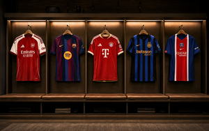 Five football shirts representing Europe’s major leagues hang in a dressing room before the 2026/27 season.