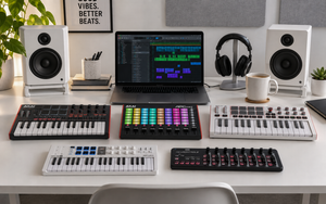 Five compact MIDI controllers arranged on a minimalist white music production desk with a laptop, studio monitors and headphones.