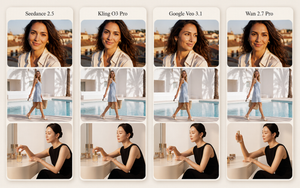 Four AI-generated video frames comparing Seedance, Kling, Veo and Wan on portrait, walking and perfume-ad tests.