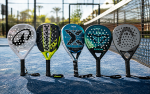 Five modern padel rackets from different brands standing side by side on a blue outdoor padel court beside the net in bright natural sunlight.