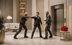Three action figures struggle in a miniature hotel lobby while their hands blur together and a red gift remains sharp beside the elevator.