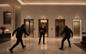 AI-generated hotel fight comparison with a suited man holding a red gift as attackers and elevator doors behave differently across five video models.