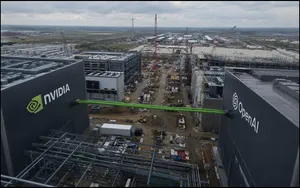 Nvidia and OpenAI logos over a large data centre under construction.