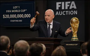 Gianni Infantino auctioning the FIFA World Cup trophy with a $20 billion starting bid.