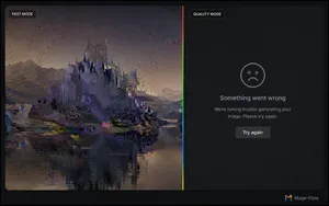 Split-screen comparison showing a Mage-Flow Fast mode café image beside the Quality mode error screen from Microsoft’s Hugging Face demo.