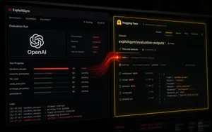 OpenAI evaluation interface with a red data path escaping toward a Hugging Face dataset containing benchmark answers.