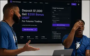 wo presenters stand beside a fake cryptocurrency exchange promoting a deposit bonus while one reacts with visible frustration during the demonstration.