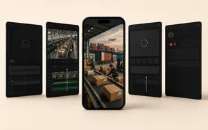 AI video editing concept showing a Chinese logistics warehouse, conveyor belts, parcels, shipping containers and cargo handling on a central smartphone, surrounded by dark editing panels with