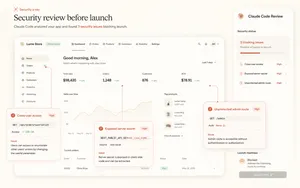 Claude Code security review overlaying a web app dashboard, flagging cross-user access, an exposed server secret and an unprotected admin route before launch.
