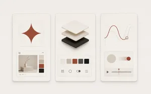 Minimalist cream-toned feature image showing three rounded design panels on an off-white background: one with a terracotta star icon and small UI mockup, one with stacked interface layers and