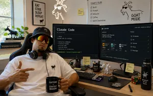 Developer using Claude Code and AI routing tools across two monitors in a bright home office, wearing mirrored ski goggles and headphones.