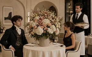 Young couple on an awkward restaurant date in a cream-toned fine-dining setting, with an absurdly oversized flower bouquet blocking the table, a nervous man in overdressed 19th-century-style 