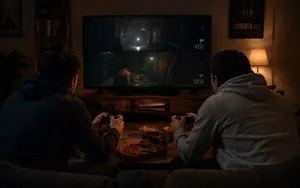 Two men lean forward on a couch playing a split-screen horror game on PS5, with controllers in hand and snacks on the table.