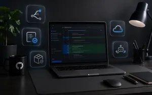 Dark developer workspace with a laptop showing a GitHub-style code review interface, surrounded by five glowing software tool icons.