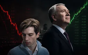 Editorial illustration of Leopold Aschenbrenner and Ken Griffin against contrasting falling and rising stock market charts.