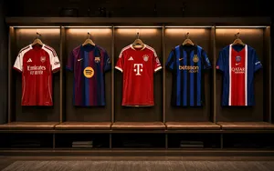 Five football shirts representing Europe’s major leagues hang in a dressing room before the 2026/27 season.