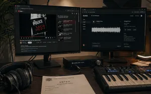 YouTube and Suno displayed on two music-studio monitors beside a German court judgment.