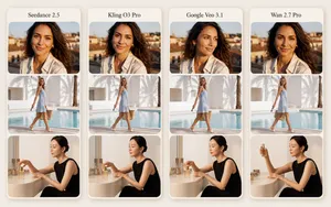 Four AI-generated video frames comparing Seedance, Kling, Veo and Wan on portrait, walking and perfume-ad tests.