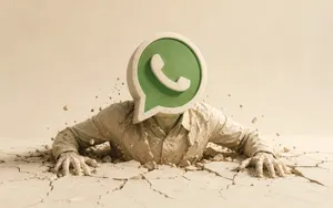 A human figure with a large WhatsApp logo for a head claws its way up through cracked cream-colored ground, as if the app is dragging itself back into relevance.