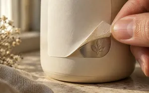 Hand peeling back the corner of a plain cream label to reveal a small brushed-metal maker’s mark beneath, lit by warm natural light.