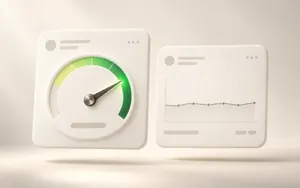 Two floating cream analytics cards on a warm ivory background, with a high green performance gauge on the left and a nearly flat line graph on the right.