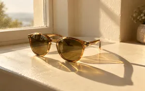 A pair of sunglasses resting on a cream windowsill in soft sunlight, casting two distinct shadows — one crisp, one softly diffused with a faint golden sheen.